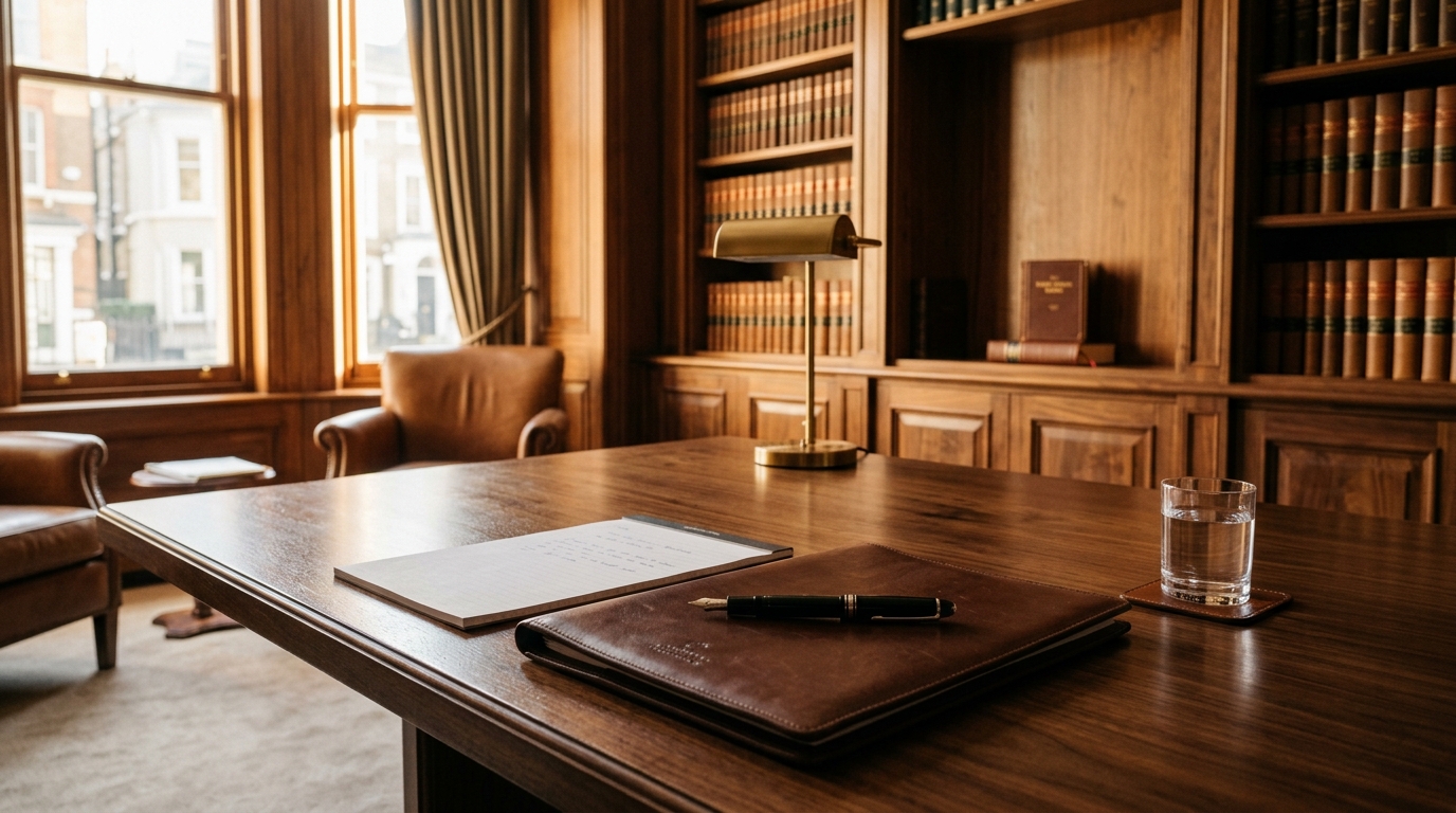 Gabinete jurídico refinado com mesa de reuniões, documentos e biblioteca representando o Direito Cível